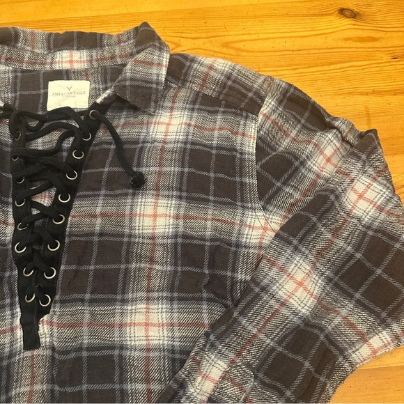 America Eagle Outfitters  Plaid Lace-Up Shirt Distressed frayed oversized fit M - Picture 5 of 8